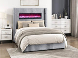 Luxury King Bed Wingback Headboard Decorative Built-in Fireplace Speaker Gray Corduroy Upholstered B011P484443