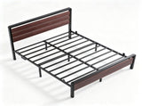 Queen Size Metal Wood Platform Bed Frame, 3-Panel Reddish Brown Wood Grain Headboard with LED Light 45520408