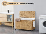 165L 3-Section Laundry with Lid and Wheels, Woven Natural Water Hyacinth Rolling Laundry 87264683
