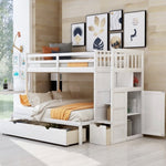 ZUN Twin over Full/Twin Bunk Bed, Convertible Bottom Bed, Storage Shelves and Drawers, White 05530338