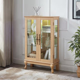 Elegant Light Oak Curio Cabinet with Tempered Glass Doors, LED Light, Mirrored Back Panel & W1758P290028