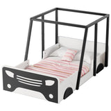 ZUN Twin Size Car-shaped Bed with Roof,Wooden Twin Floor Bed with wheels and door Design,Montessori 07290986