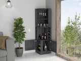 ZUN Syrah Corner Bar Cabinet, Eight Bottle Cubbies, Double Door, Two Open Shelves -Smokey Oak B20091986