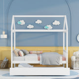 Solid Wood Twin House Bed Frame with Twin Size Trundle For White Color, No Box Spring Needed W69740991
