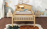 Twin Size Wood Platform Bed with House-shaped Headboard, LED and Built-in Storage, Natural N709P184429M