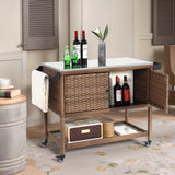 Outdoor Wicker Bar Cart, Patio Wine Serving Cart w/Wheels, Rolling Rattan Beverage Bar Counter Table W640P256899