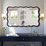 Solid Wood Wavy Rectangle Mirror-Black 40" x 28" Modern Mirror Wall Decor for Bathroom, Bedroom, W1445P189614