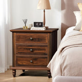 Brown P2 particle board with 3D paper solid wood legs 63*44.5*68.5CM three drawers bedside table 04124081