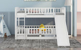 ZUN Bunk Bed with Slide,Twin Over Twin Low Bunk Bed with Fence and Ladder for Toddler Kids Teens White 50818946