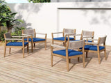 Braided Acacia Wood Outdoor Dining Chairs Set of 2 Teak Look with Beige Rope & Navy Cushions, N770P286668N