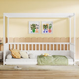 Twin Size Canopy Bed Frame with Guardrails for Kids,Floor Bed Twin with Four Poster Design,Kids W1858P252838