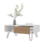 ZUN Gramling Coffee Table with a Drawer and Hairpin Legs, White + Natural Oak B128P263712