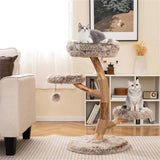4-Level Natural Pear Wood Cat Tree - 19.5"x35.5", Jute Scratch Posts Plush Ball, Long Plush 98702501