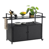 Outdoor Wicker Bar Cart, Patio Wine Serving Cart w/Wheels, Rolling Rattan Beverage Bar Counter Table W640140573