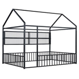 Full Size Metal Bed House Bed Frame with Fence and Shelves, Black N737P175361B