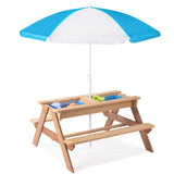 3-in-1 Kids Outdoor Wooden Picnic Table With Umbrella, Convertible Sand & Wate, Gray ASTM & CPSIA W1390P160713