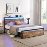 ZUN Queen Size Bed Frame with Storage Headboard and 2 Drawers, LED Lights Bed with Charging Station, W1916126253