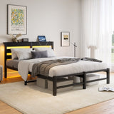 Queen Size Metal Bed Frame with Wooden Headboard, RGB Lights, Charger, Storage Shelf, Noise-Free, No W840P209907