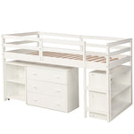 ZUN Low Study Twin Loft Bed with Cabinet and Rolling Portable Desk - White 09527579