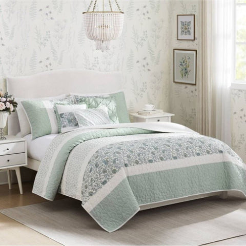 ZUN 6 Piece Cotton Percale Quilt Set with Throw Pillows Aqua Full/Queen B035129023