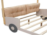 Wood Full Size Car Bed with Pillow, Ceiling Cloth and LED, Natural 41326780