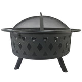 Round fire pit with net cover, fire poker, diamond mesh, metal wood burning outdoor fire pit, W1951P254205