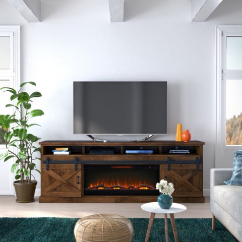 ZUN 93 inch Electric Fireplace TV Stand for TVs up to 100 inches, Minimal Assembly, Aged Whiskey Finish B108P160226