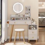 Round Mirror Bedside Cabinet Vanity Table Cushioned Stool, With 2 AC Power 2 USB socket, 17" W936P146695
