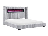 Luxury King Bed Wingback Headboard Decorative Built-in Fireplace Speaker Gray Corduroy Upholstered B011P484443