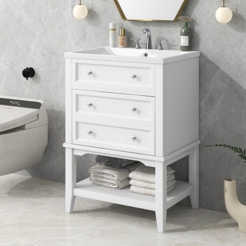 ZUN 24" Bathroom Vanity With Sink, Bathroom Storage Cabinet with Drawer and Open Shelf, Solid Wood 64550279
