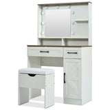 Farmhouse Makeup Vanity Desk with Mirror and Lights, 3 Lighting Modes, Vanity Set with Stool, 45077728