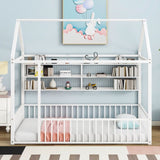 Twin Size Metal Bed House Bed Frame with Fence and Shelves, White N737P175360K