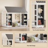 Wooden Twin Size House Bed with Fence and Roof, Kids Floor Bed with Two Movable Wardrobes, Gray N733P240134E