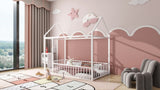 Twin Size Metal Bed House Bed Frame with Fence, for Kids, Teens, Girls, Boys, White MF304315AAK