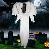 6.6 ft Life-Size Animated Halloween Angel Prop - Long Black Curly Hair, Sound-Activated , Automatic 00895288