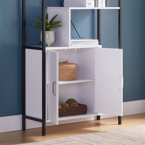ZUN Six Shelf Modern Bookcase with Two Door Storage Cabinet with Two Shelves - White and Black Metal B107131415