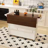 White Kitchen Island Cart with Foldable Tabletop & Drop Leaf - Mobile Breakfast Bar on Wheels with W2700P300558