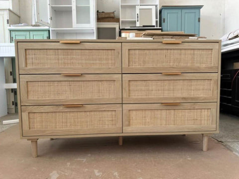 ZUN Rattan 6 Drawer Dresser for Bedroom, Wood Dresser & Chest of Drawers with Metal Handles 51" W2181P270056