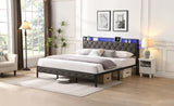 King Bed Frame Storage Headboard, Charging Station and LED Lights, Upholstered Platform Bed 18121287