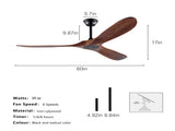 60 Inch Ceiling Fan, 3Blade Walnut WoodGrain Solid Paulownia Blades, Matte Black Iron W3816P586016