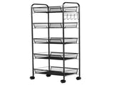 Black 5-Tier Mesh Rolling Cart with 5 Baskets & 5 Hooks, Lockable Universal Wheels 84640664