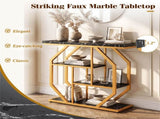 39.5" Modern Sofa Table with 4-Tier Storage, Black & Gold Console Table with Faux Marble Top for 50074188