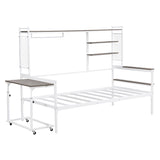 ZUN Twin size Metal Daybed with Movable Desk, Metal Grid, Shelves and Clothes Hanger, White N737P199195K