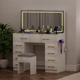 46"Glass Top Vanity Desk with 10 Drawers Makeup Vanity with Mirror and Stool,3 Lighting Modes W2887P311841