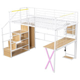 Full Size Metal Loft Bed with Built-in Work Station, Wardrobe, Storage Staircase and LED, White 78792217