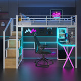 Full Size Metal Loft Bed with Built-in Work Station, Wardrobe, Storage Staircase and LED, White 78792217