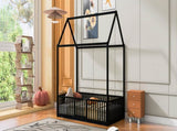 Twin Size Metal House Bed with Fence and Door, Black MF315932AAB