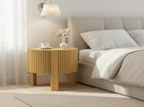 Round Fluted Side Table with Storage for Living Room, Rubber Solid Wood, Soft-close Door, Natural, N735P369881N