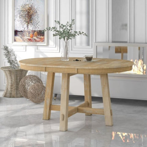 ZUN Farmhouse Round Extendable Dining Table with 16" Leaf Wood Kitchen Table 08336730