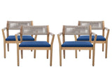 Braided Acacia Wood Outdoor Dining Chairs Set of 2 Teak Look with Beige Rope & Navy Cushions, N770P286668N